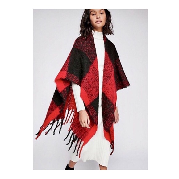 Free People Accessories - NWT Free People Black & Red Plaid Fringe Shawl OS